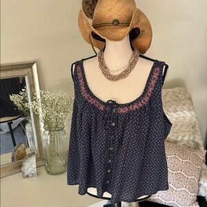 Lucky brand Embroidered boho western blue button down tie Swing Tank top XXL